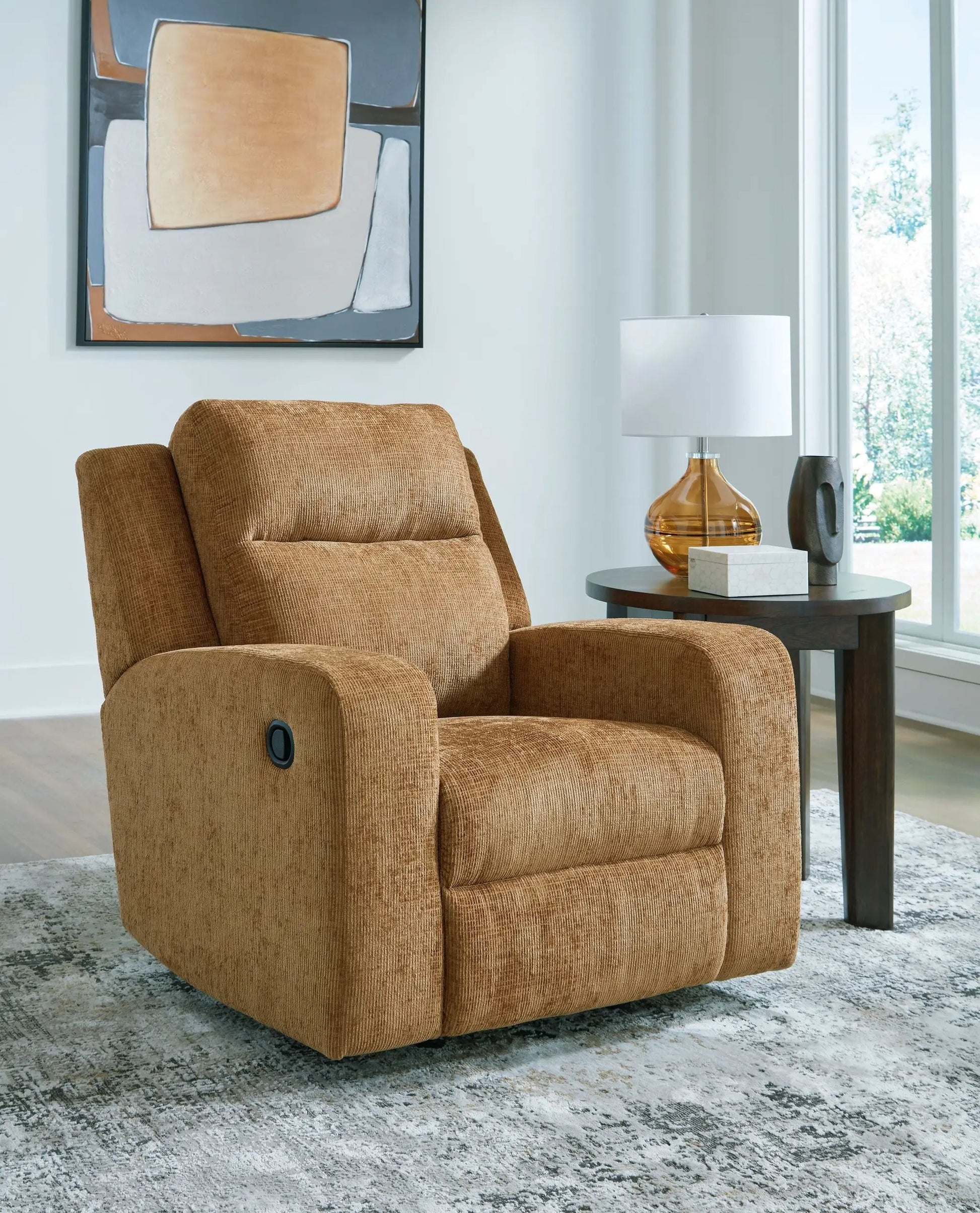 Kanlow Rocker Recliner in brown textured fabric by Unique Piece Furniture in a living room on Tampa Home & Garden Store