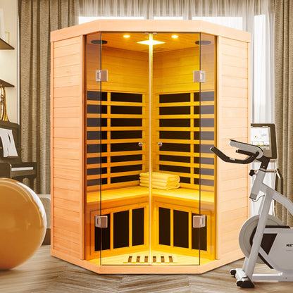 Deluxe Hemlock Far Infrared Corner Sauna for Two with glass front in natural wood on Tampa Home & Garden Store
