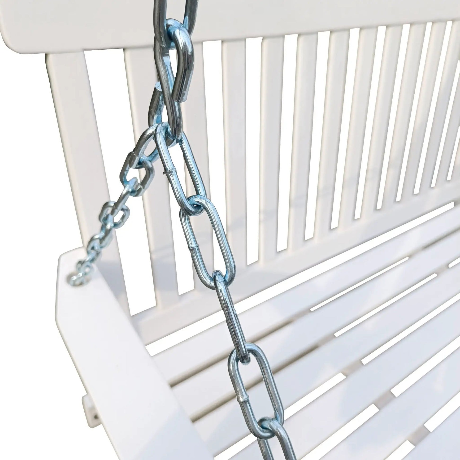 Front porch swing in white with metal chains and slatted back on Tampa Home & Garden Store