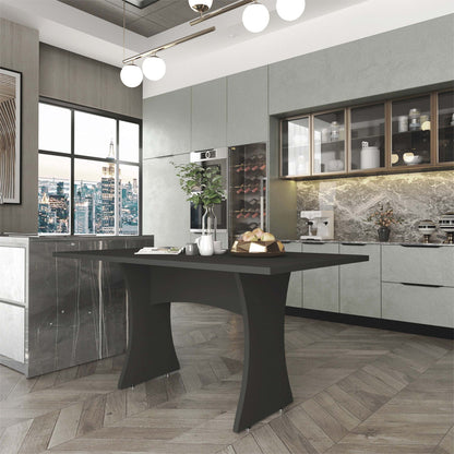 Dining table with adjustable metal feet in dark gray finish, modern pedestal base in a kitchen on Tampa Home & Garden Store