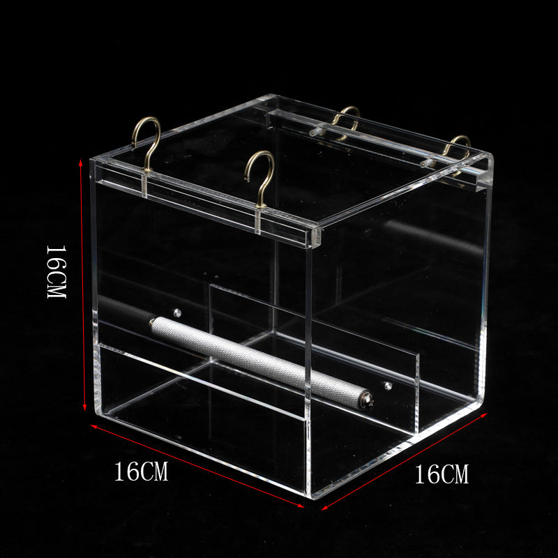 Acrylic bird feeder cube with brass hanging hooks and inner perch, transparent 16x16x16 cm on Tampa Home & Garden Store