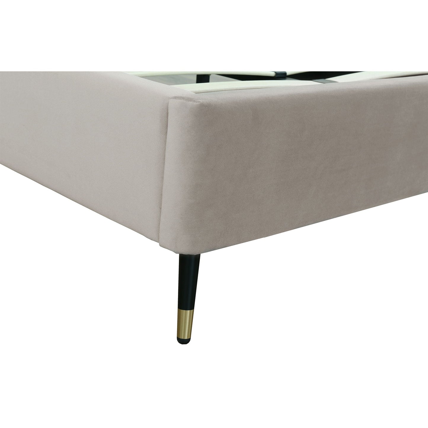Crosby upholstered bed frame in beige fabric with black legs and gold-tipped ends on Tampa Home & Garden Store