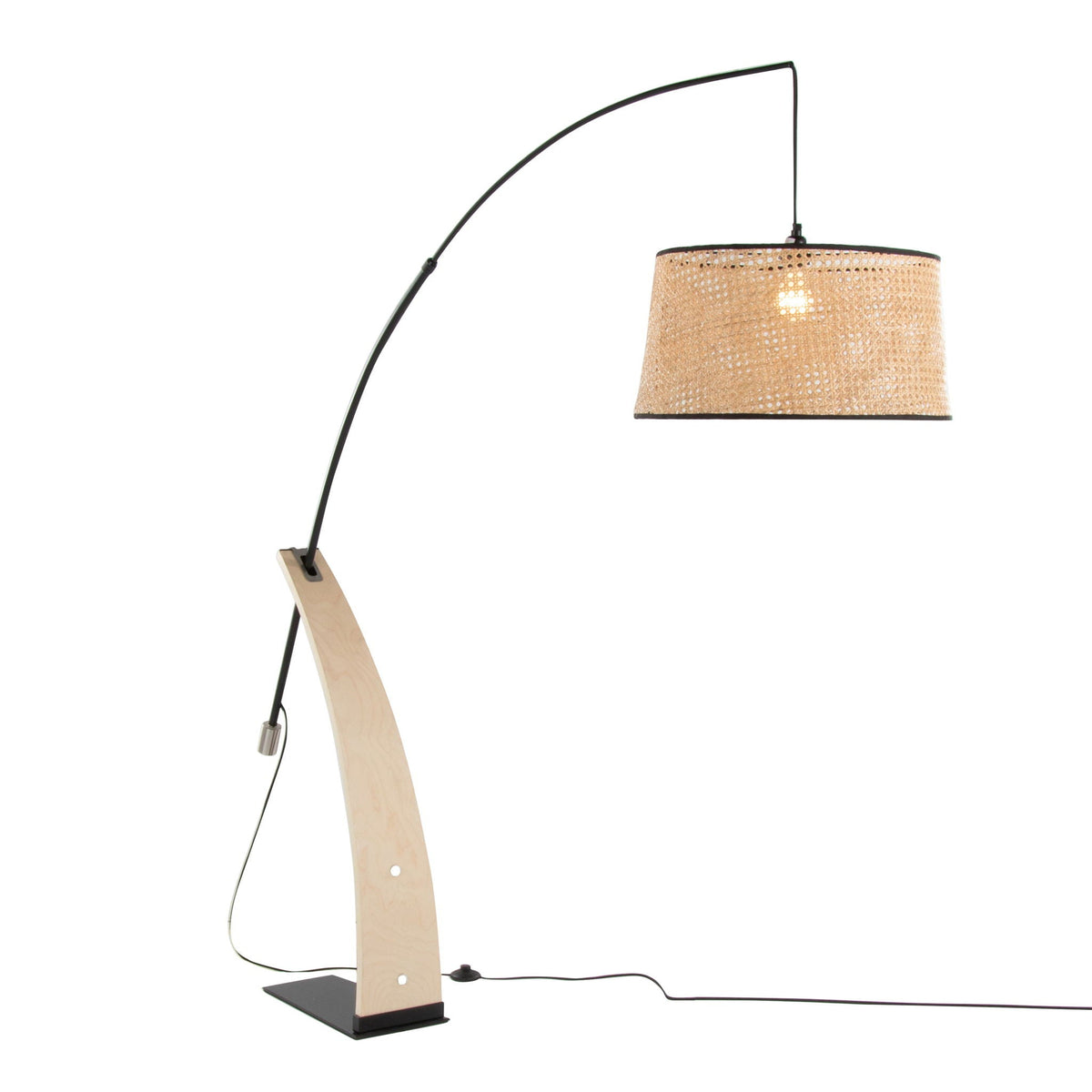 Robyn floor lamp by HouseOfZazla with black arc and natural woven rattan shade on wood base on Tampa Home & Garden Store