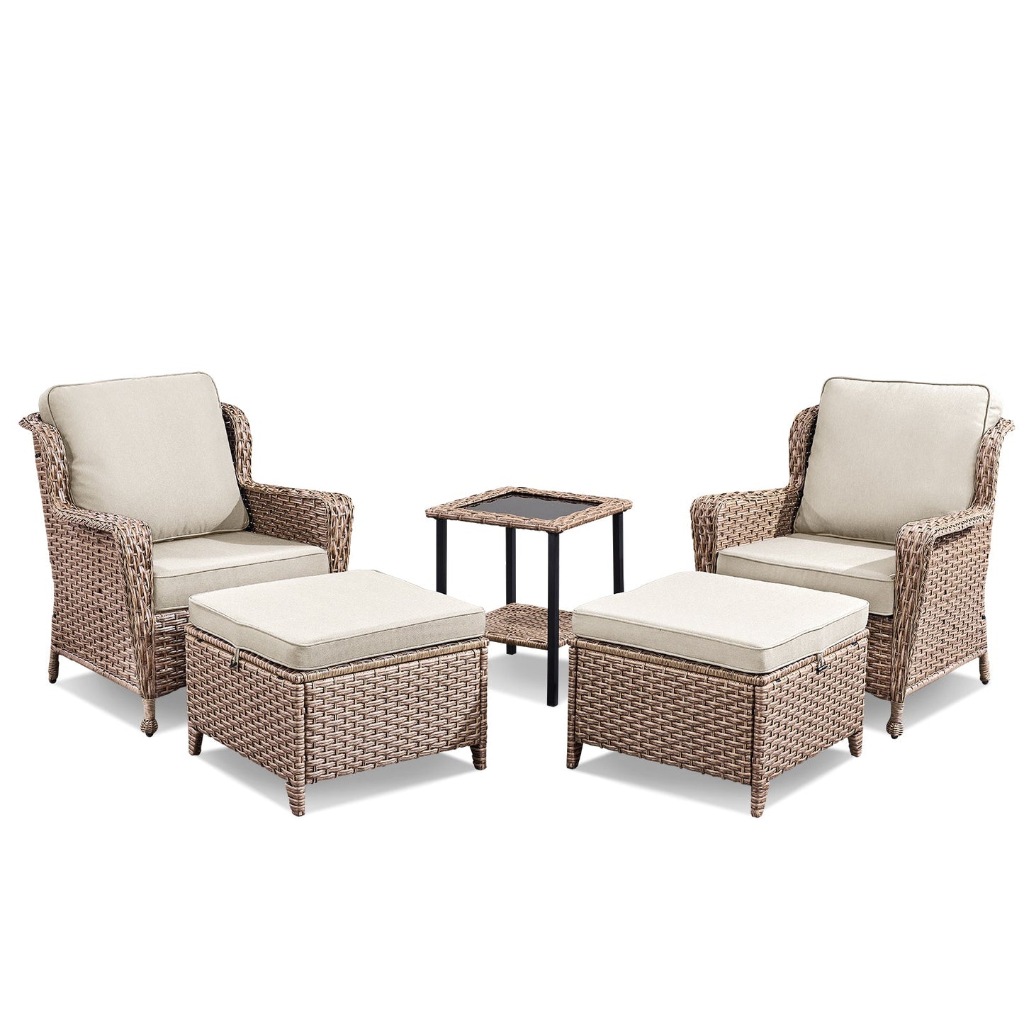 5-Piece lounge set with beige cushions, wicker chairs and ottomans, side table by HouseOfZazla on Tampa Home & Garden Store
