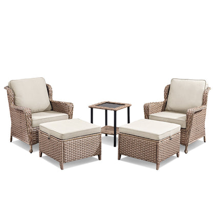 5-Piece lounge set with beige cushions, wicker chairs and ottomans, side table by HouseOfZazla on Tampa Home & Garden Store