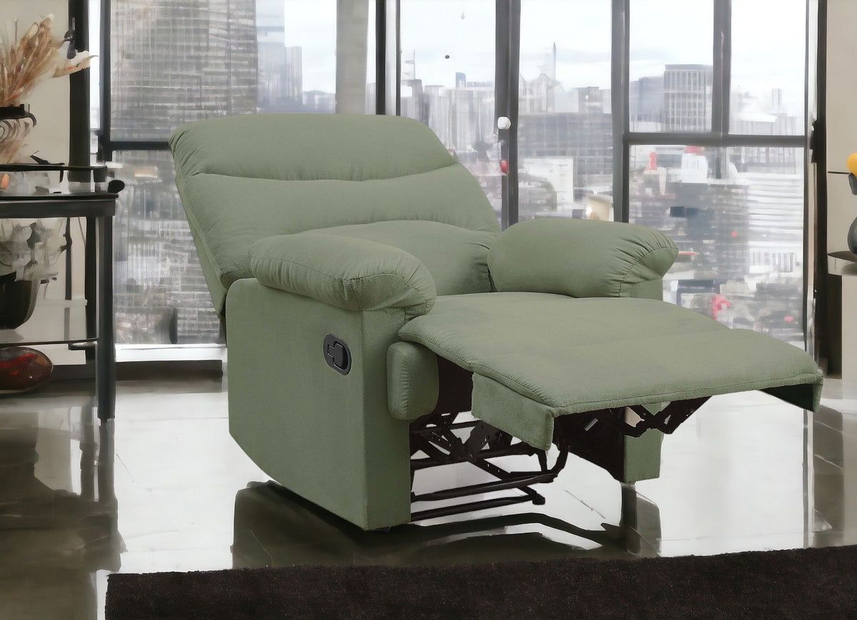 Arcadia Micro Motion Glider Recliner by HouseOfZazla in sage green with extended footrest on Tampa Home & Garden Store