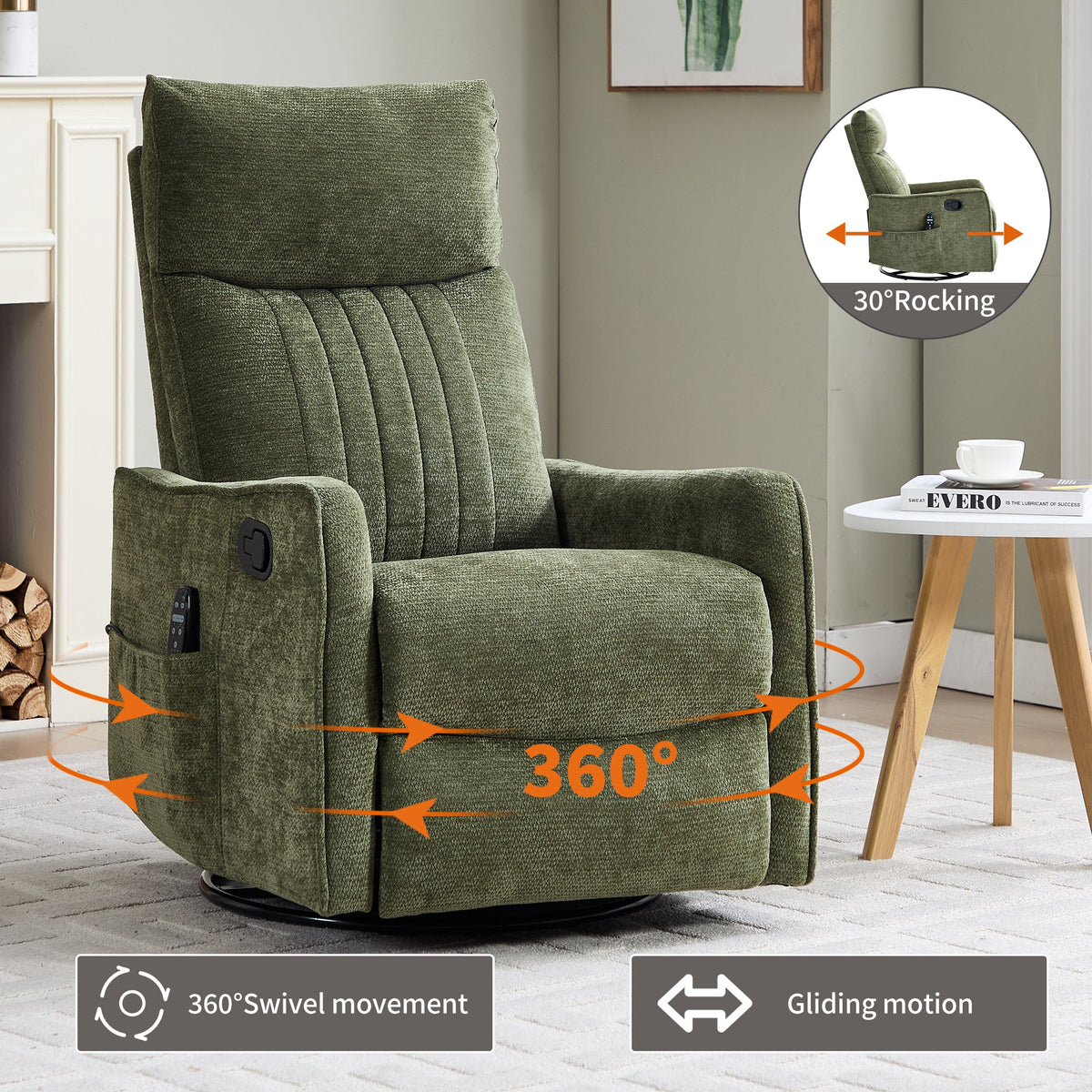 Green heat massage manual recliner chair by HouseOfZazla, plush fabric, 360° swivel on Tampa Home & Garden Store