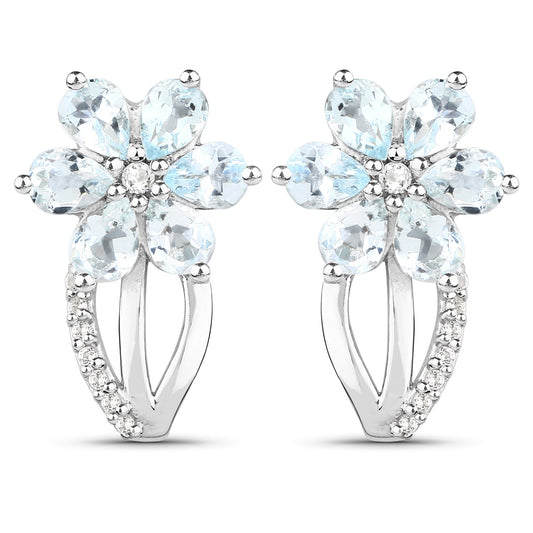 Earrings pair flower aquamarine and white topaz cluster on sterling hoops by Bids.com on Tampa Home & Garden Store