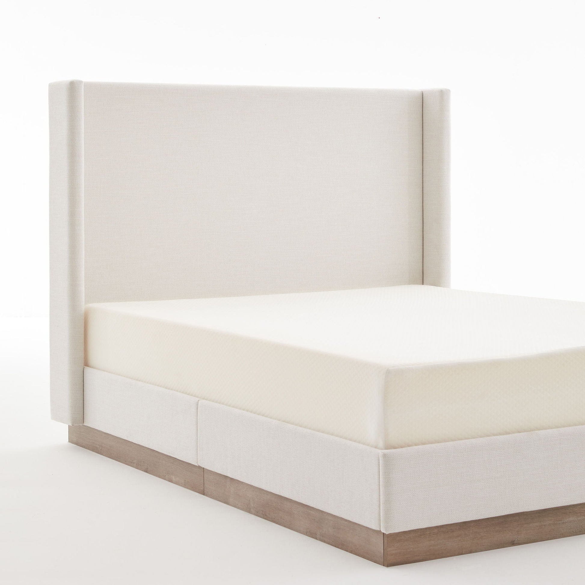 Hosford Minimalist Upholstered Wingback Bed in beige fabric with a natural wood base on Tampa Home & Garden Store