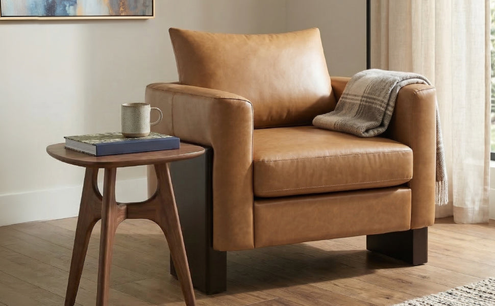 HouseOfZazla Modern Accent Chair tan leather with rubberwood legs for living room on Tampa Home & Garden Store