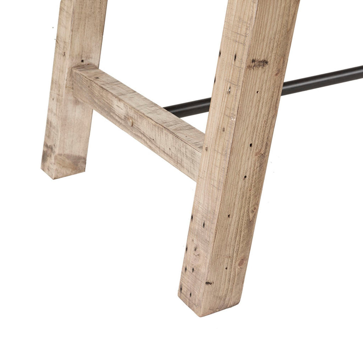 Dining table with rustic natural pine finish and black metal support rod on Tampa Home & Garden Store