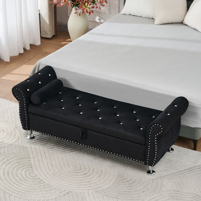 Storage bench with crystal button tufting in black faux leather, studded trim and metal legs on Tampa Home & Garden Store