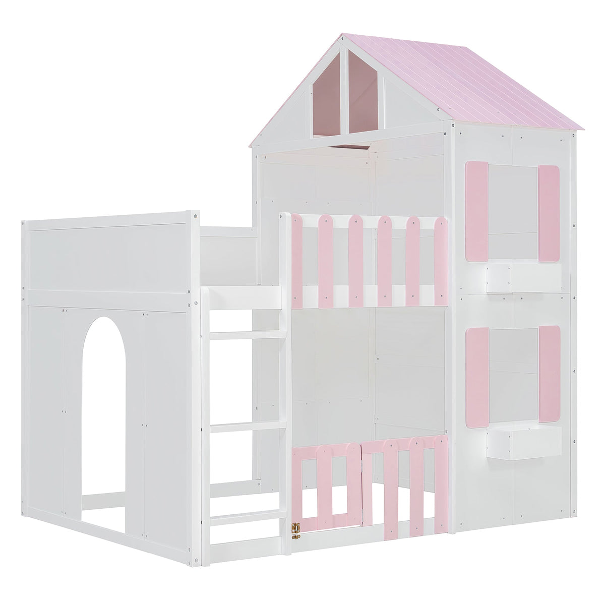 Full over full pink bunk bed with storage, white frame and pink roof accents by HouseOfZazla on Tampa Home & Garden Store