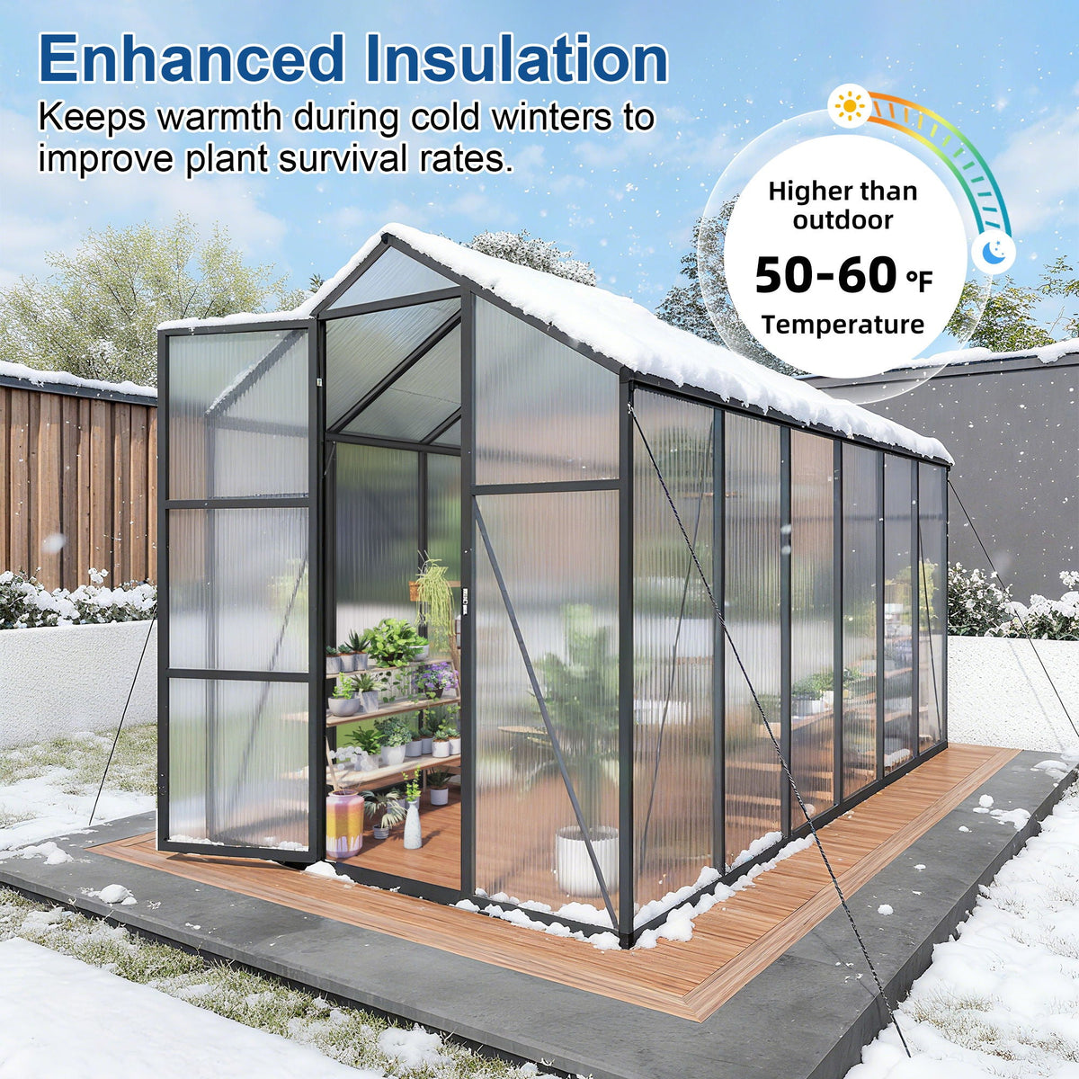 Windproof greenhouse with raised black frame and polycarbonate panels on a wooden deck on Tampa Home & Garden Store