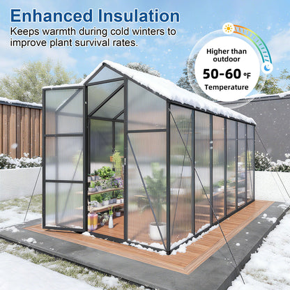 Windproof greenhouse with raised black frame and polycarbonate panels on a wooden deck on Tampa Home & Garden Store