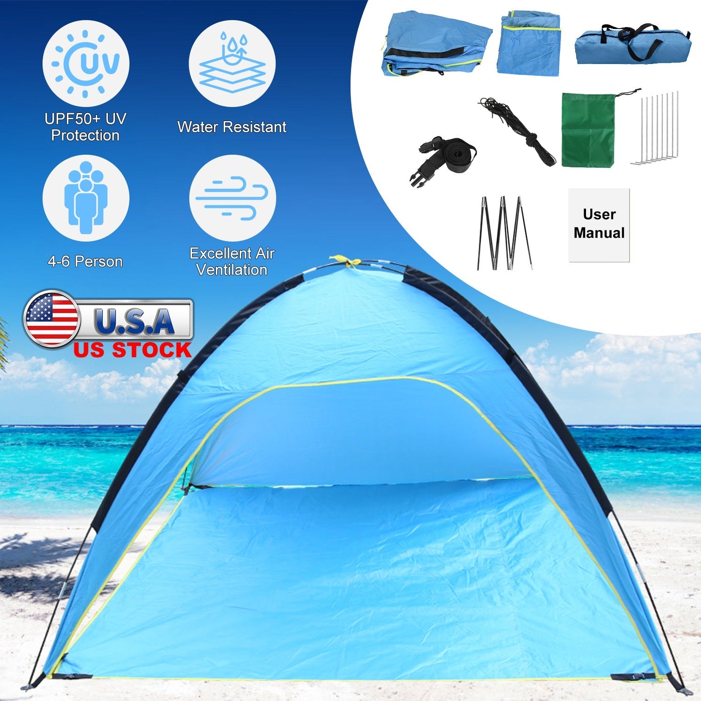 GemGear blue beach tent for 4-6 people with 3-door openings, waterproof UPF50+ protection, carrying bag on Tampa Home & Garden Store