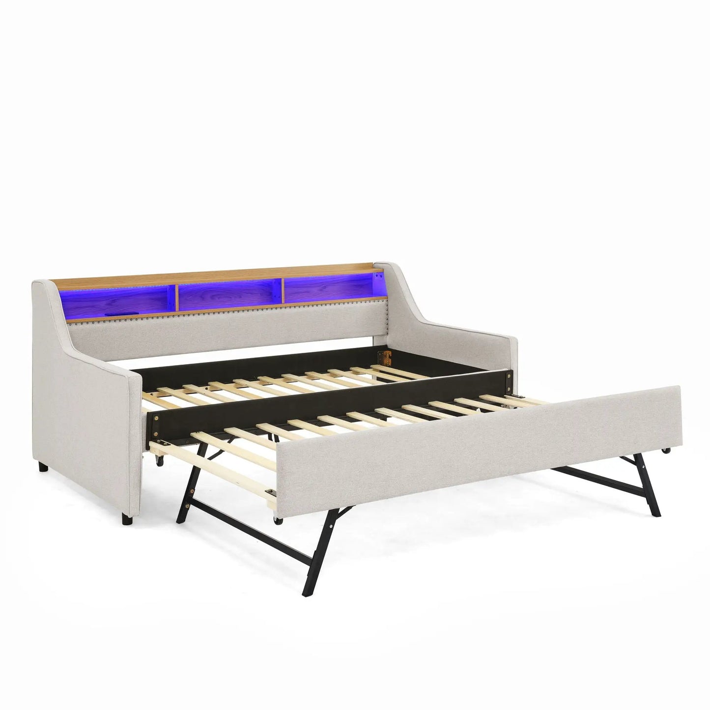 Upholstered sofa bed with LED-lit storage headboard and foldable trundle in light gray fabric by Unique Piece Furniture on Tampa Home & Garden Store