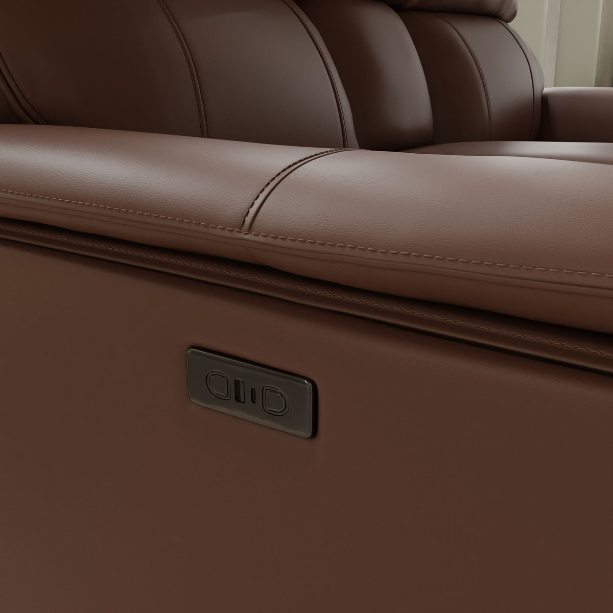 Dual Power Reclining Loveseat and Center Console in brown leather with stitched seams on Tampa Home & Garden Store