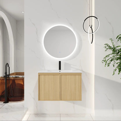 Floating bathroom vanity with sink combo in light oak, wall-mounted black faucet, LED mirror on Tampa Home & Garden Store