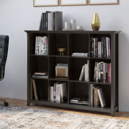Amherst cube storage bookcase in espresso with large cubbies, filled with books and decor on Tampa Home & Garden Store