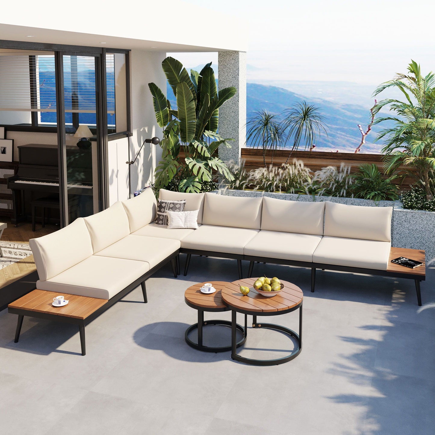 Modern Outdoor Sectional Sofa Set with Nesting Coffee Tables 6pc cream cushions HouseOfZazla on Tampa Home & Garden Store