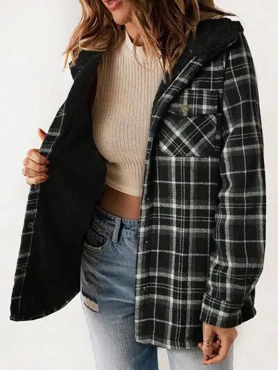 Plaid Snap Down Plush Hooded Jacket Women Warm