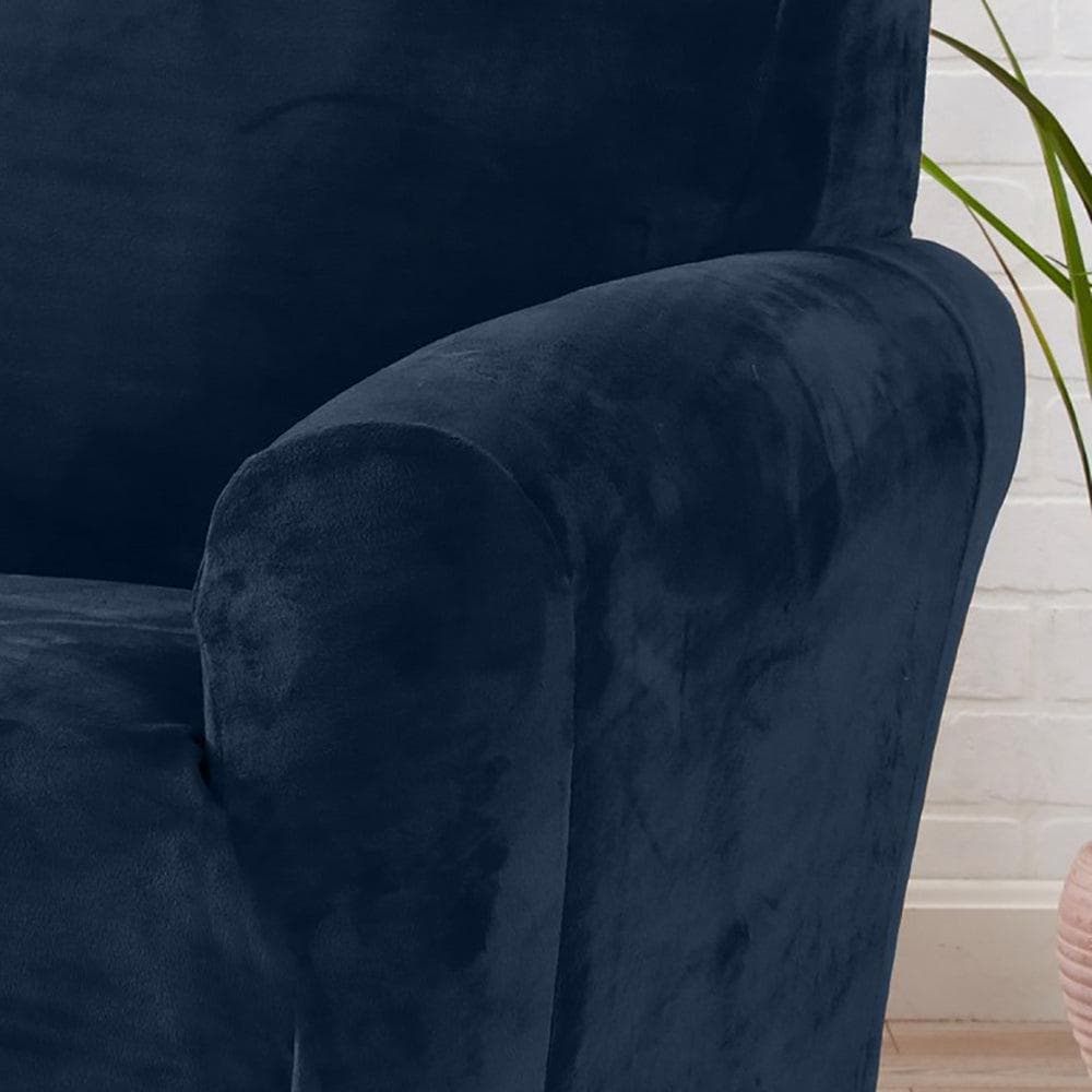 Velvet Stretch Slipcover Gale Collection in navy blue on a curved-arm chair on Tampa Home & Garden Store