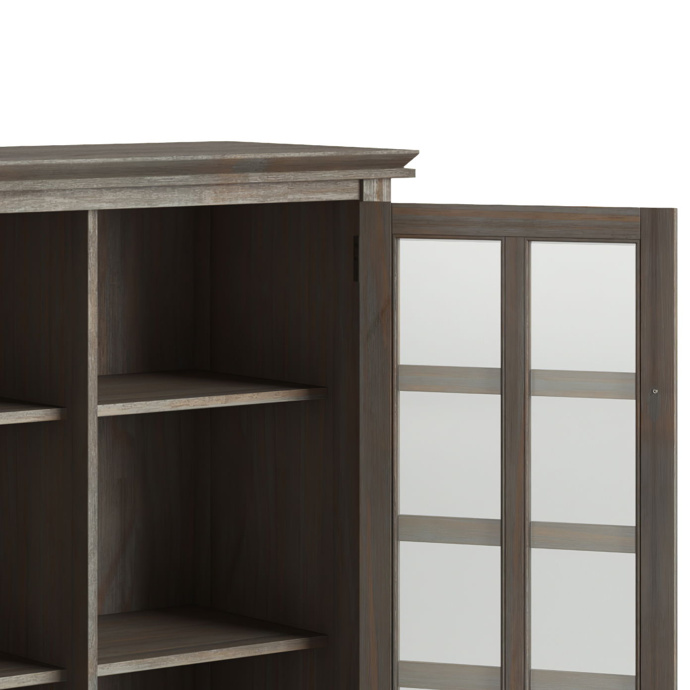 Artisan Handcrafted Medium Storage Cabinet in weathered gray wood with glass-paneled doors on Tampa Home & Garden Store