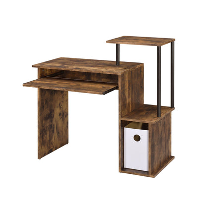 Lyphre Computer Desk Weathered Oak with black metal legs, two-tier design and white storage cube on Tampa Home & Garden Store