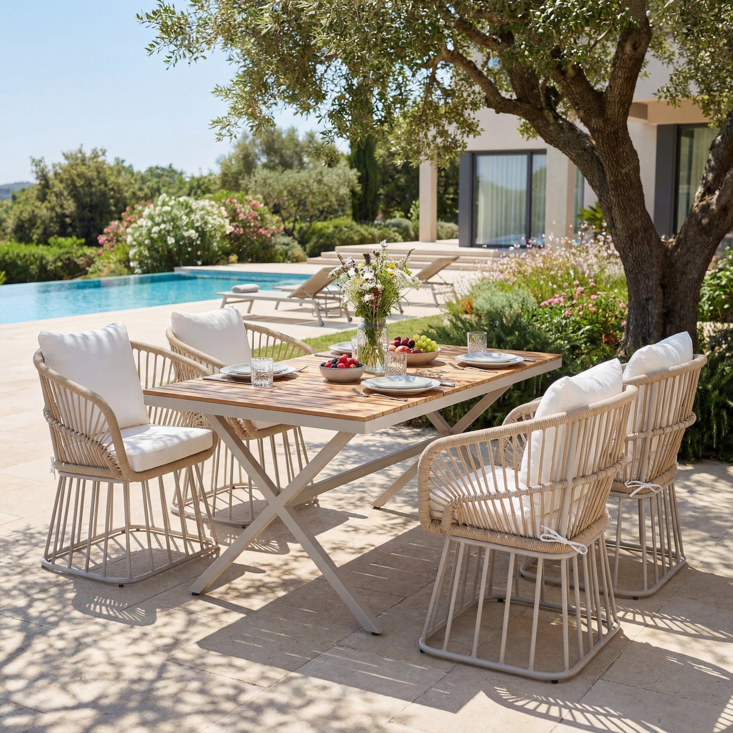Outdoor 5 Piece Teak Dining Set And Wicker Chairs