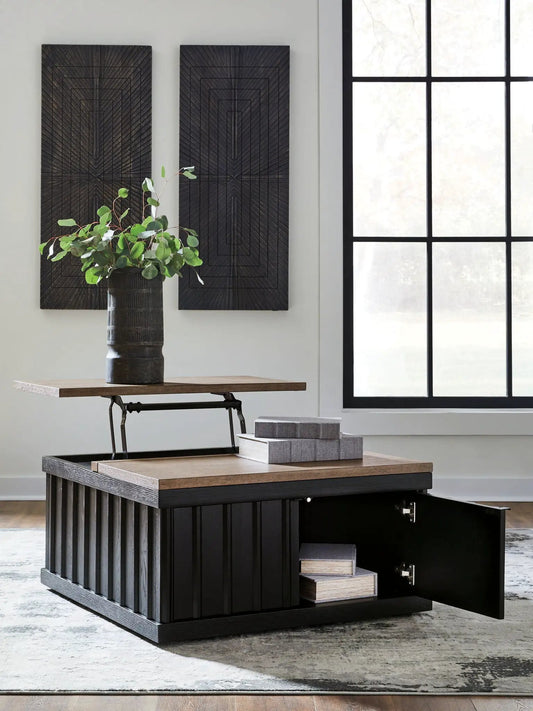 Rylandyn lift-top cocktail table with black base and light brown top, modern storage design on Tampa Home & Garden Store