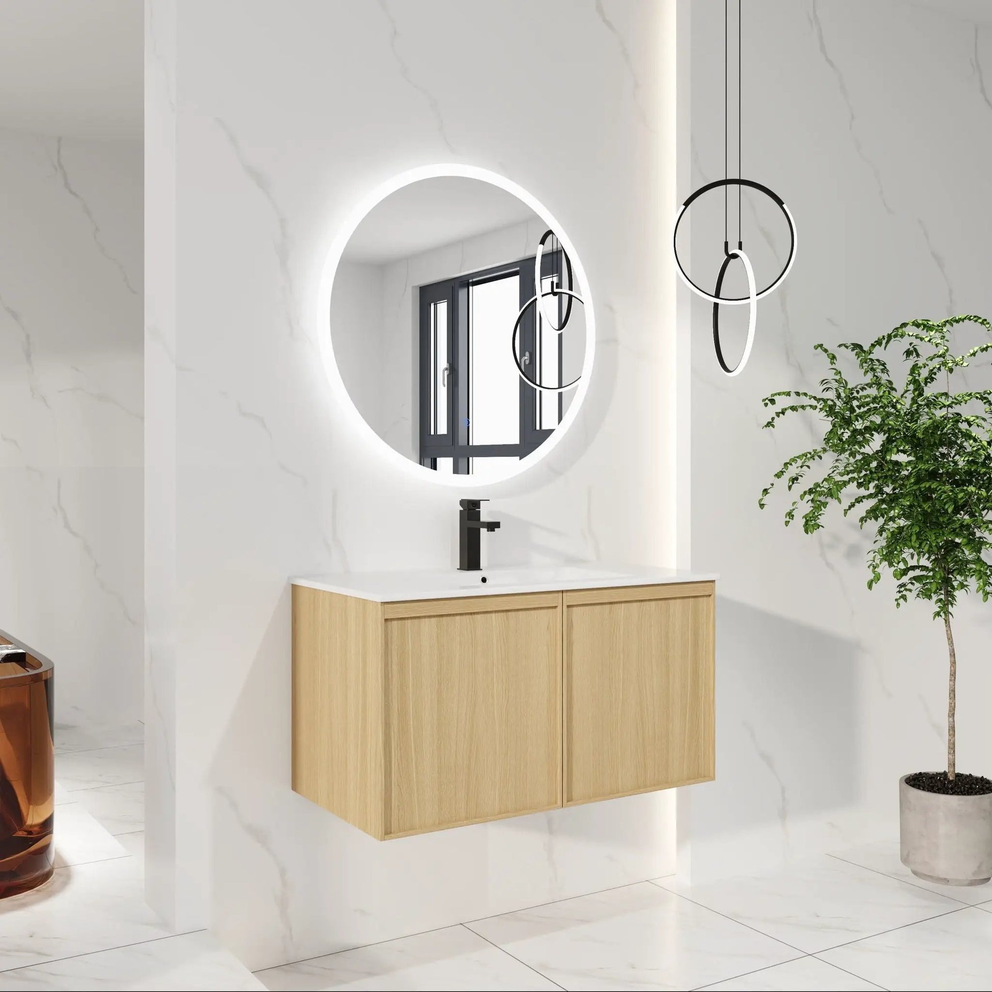 Floating Bathroom Vanity With Sink Combo in oak, two-door, black faucet on Tampa Home & Garden Store