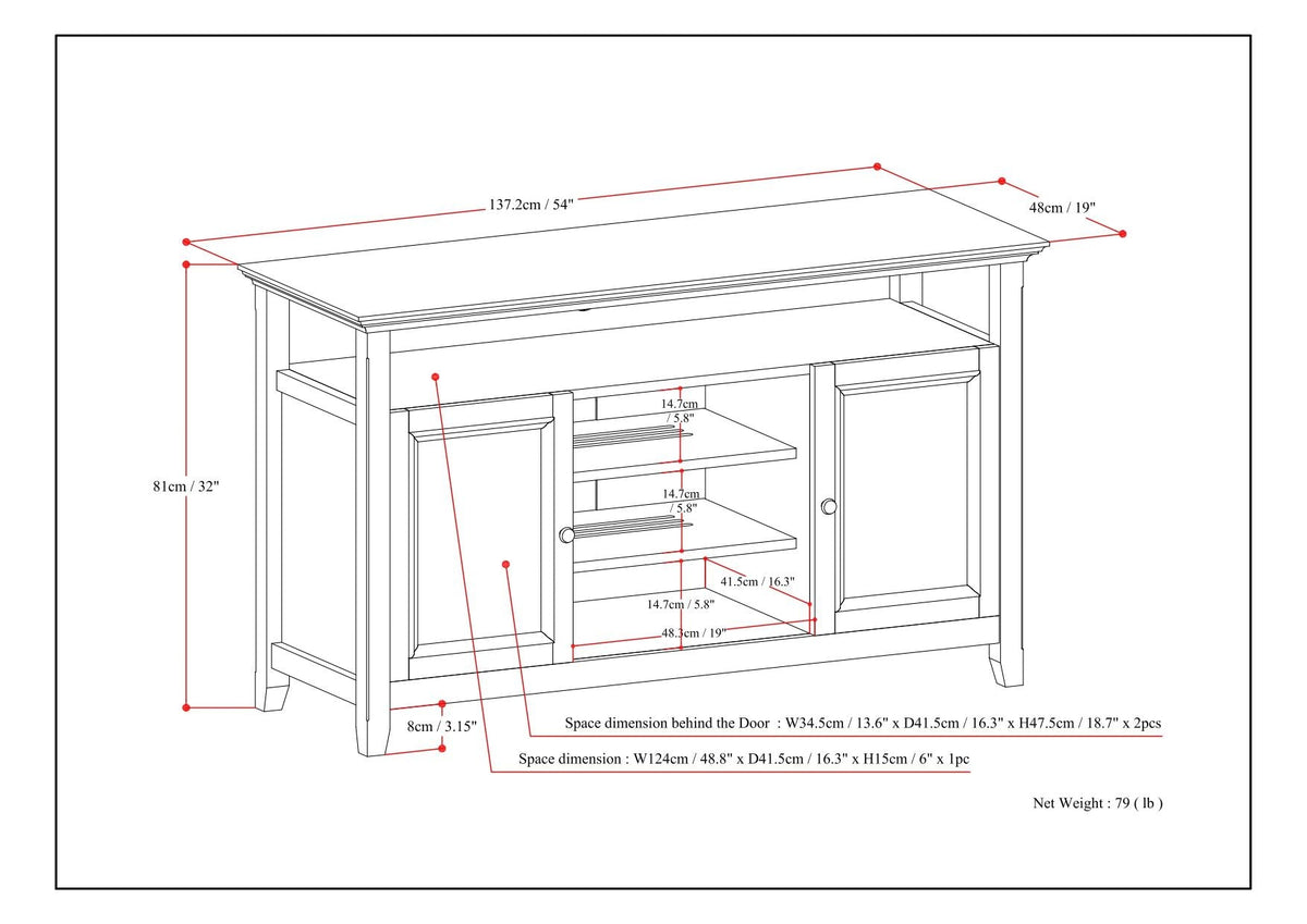 Solid Wood TV Stand with Adjustable Shelves by HouseOfZazla, line drawing with measurements on Tampa Home & Garden Store