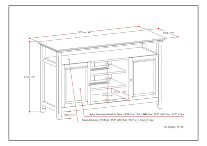 Solid Wood TV Stand with Adjustable Shelves by HouseOfZazla, line drawing with measurements on Tampa Home & Garden Store