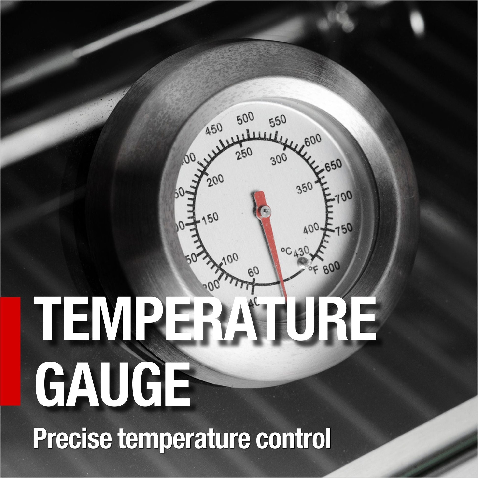Gas grill temperature gauge close-up on stainless steel dial with red needle on Tampa Home & Garden Store