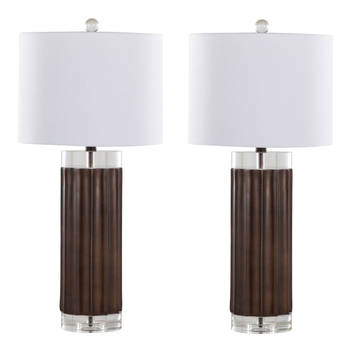 Lamp set: Cylinder Fluted Contemporary Table Lamps (2) with brown ribbed bases, clear glass accents and white shades HouseOfZazla on Tampa Home & Garden Store
