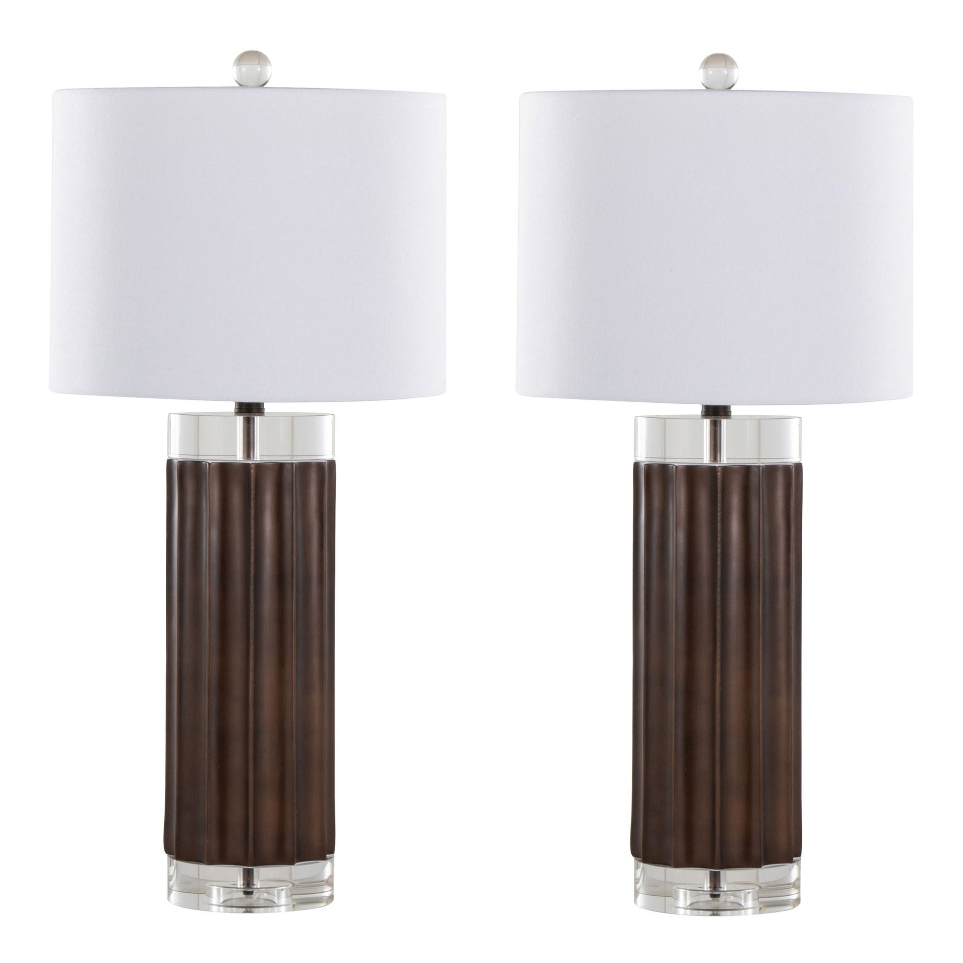 Lamp set: Cylinder Fluted Contemporary Table Lamps (2) with brown ribbed bases, clear glass accents and white shades HouseOfZazla on Tampa Home & Garden Store