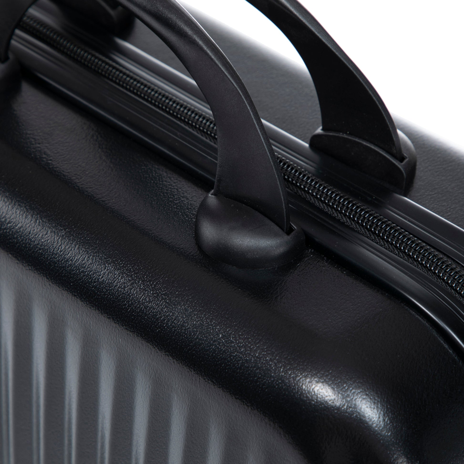 ABS spinner luggage set zipper close-up in black with cosmetic case on Tampa Home & Garden Store