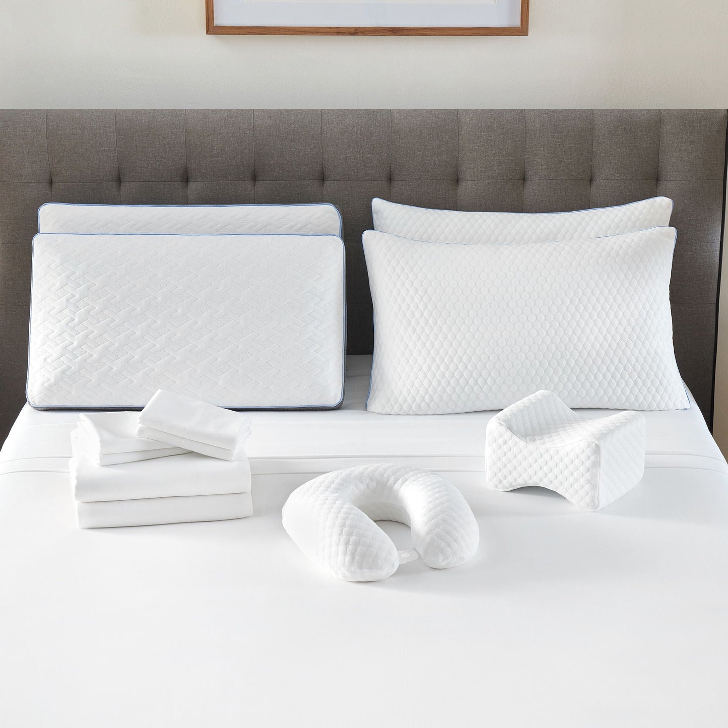 12pc Bedding Pack by HouseOfZazla white quilted pillow shams with blue piping on gray bed on Tampa Home & Garden Store
