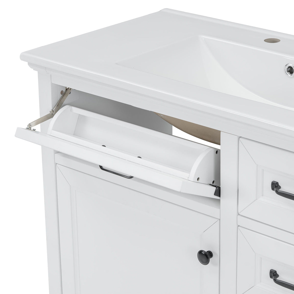 36-inch white bathroom vanity with sink, open lower drawer, soft-close hinges on Tampa Home & Garden Store