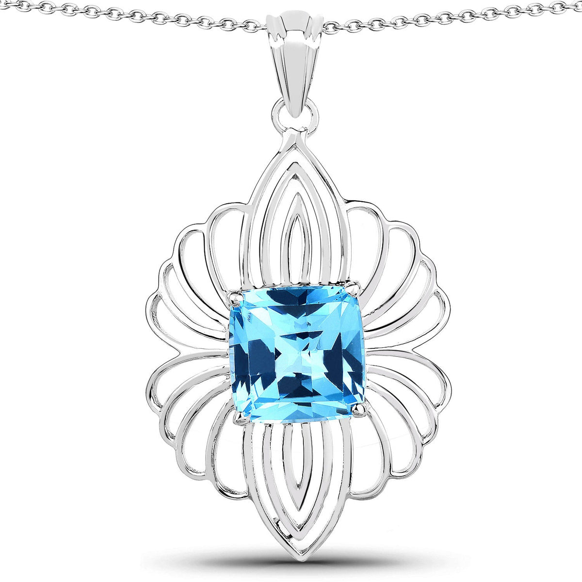 8.18ct Genuine Swiss Blue Topaz pendant in .925 sterling silver with intricate floral frame on Tampa Home & Garden Store