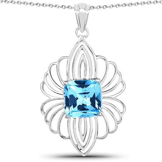 8.18ct Genuine Swiss Blue Topaz pendant in .925 sterling silver with intricate floral frame on Tampa Home & Garden Store