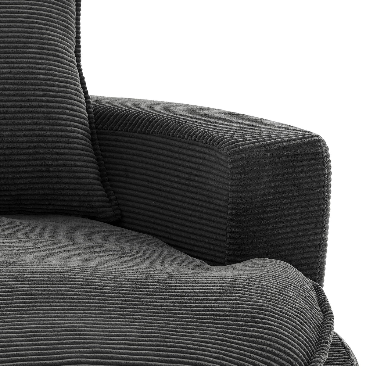 Swivel Barrel Chair With Cushion And Pillows close-up in dark gray corduroy textured fabric on Tampa Home & Garden Store