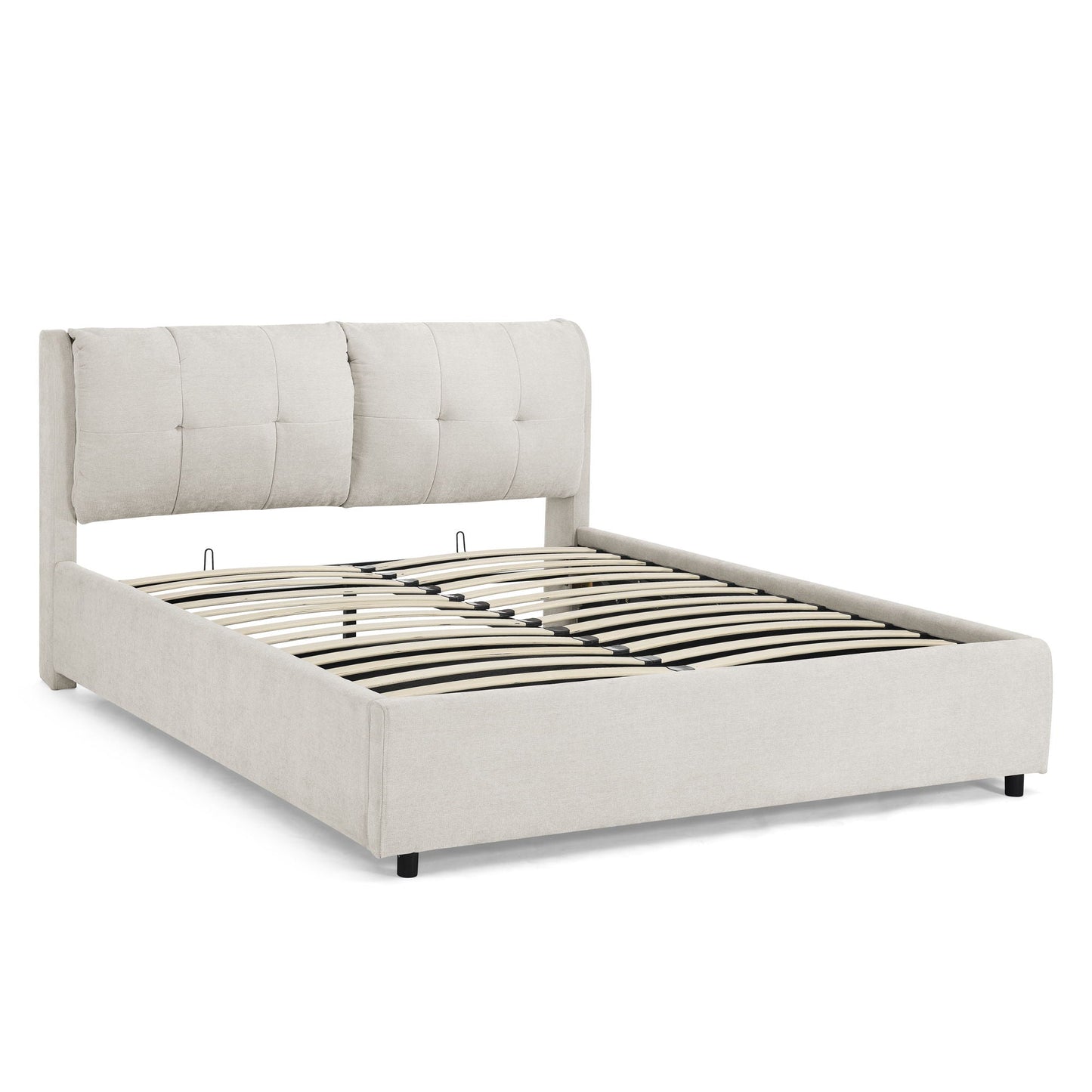 Beige upholstered storage platform bed with tufted integrated headboard by HouseOfZazla on Tampa Home & Garden Store