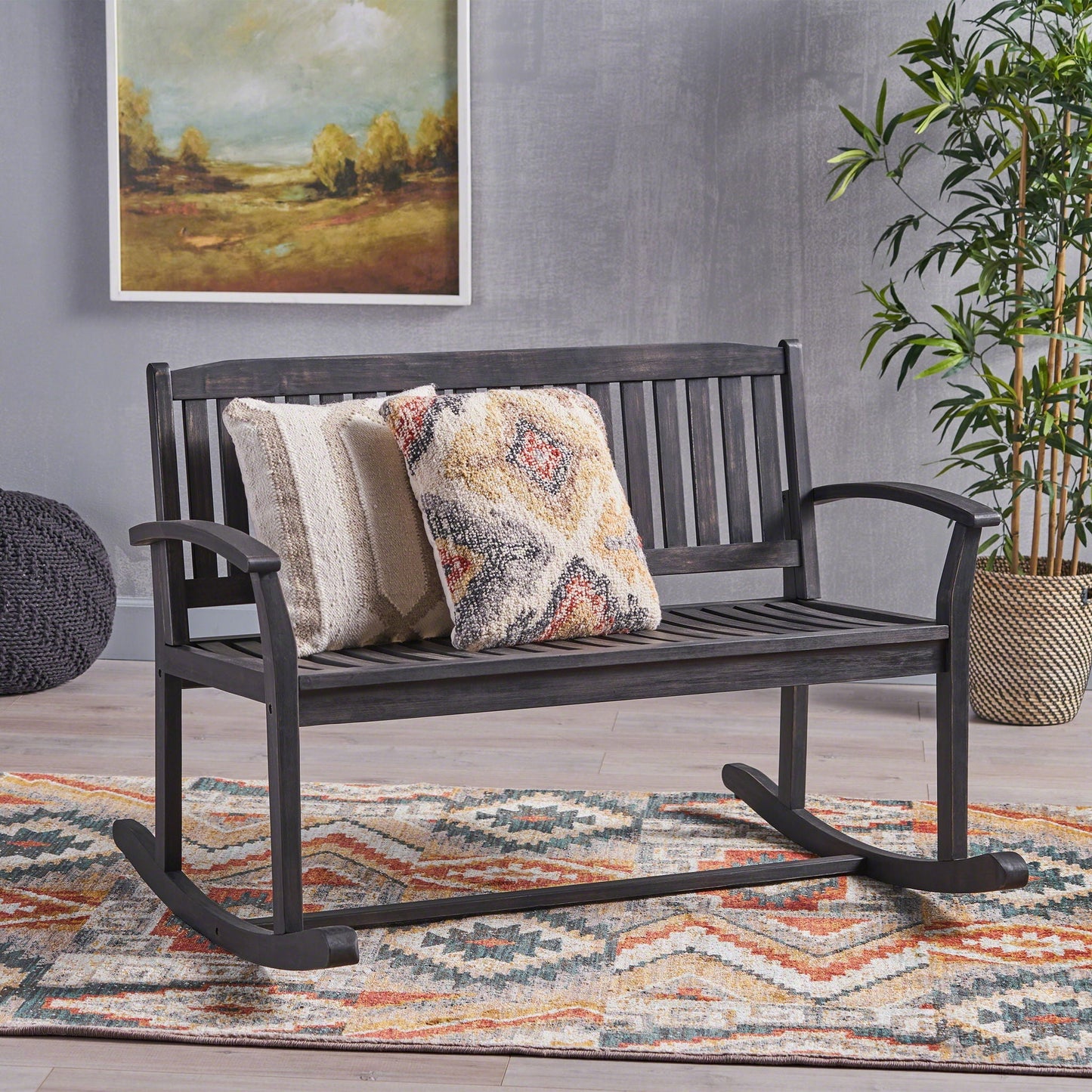 Baxter Rocking Loveseat Dark Gray outdoor slatted frame with cozy throw on Tampa Home & Garden Store