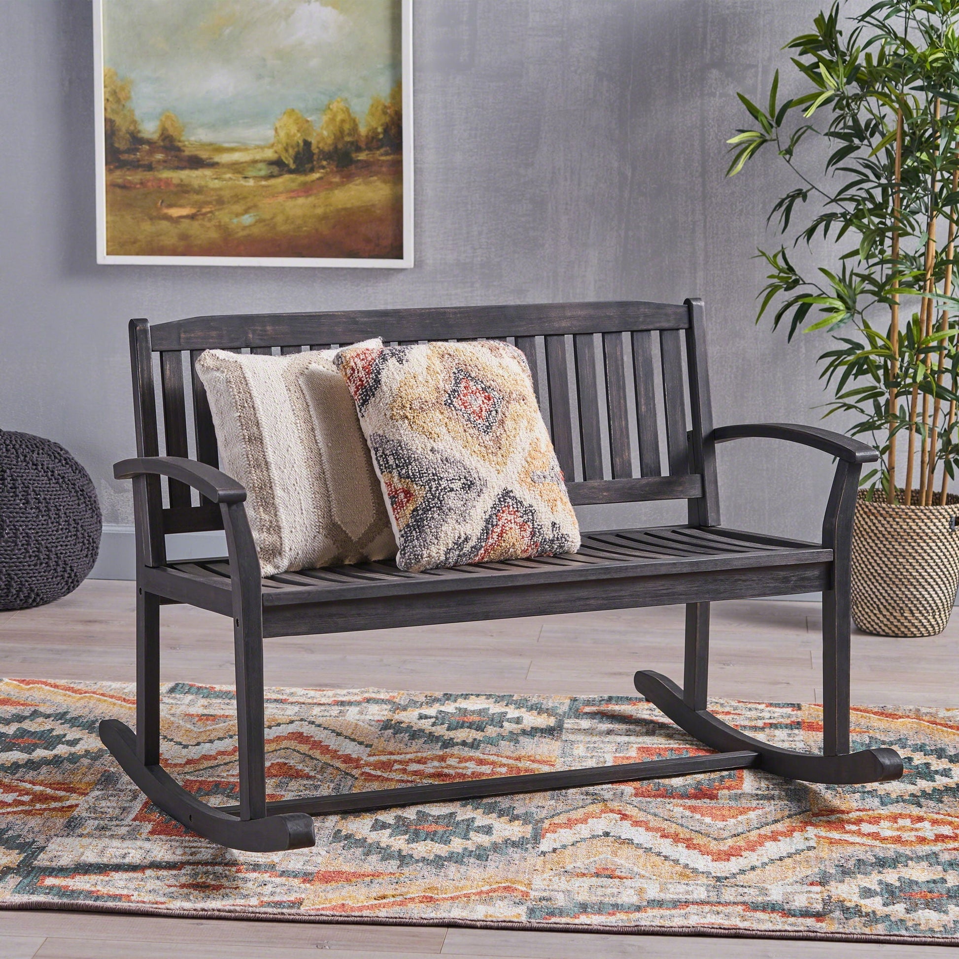 Baxter Rocking Loveseat Dark Gray outdoor slatted frame with cozy throw on Tampa Home & Garden Store