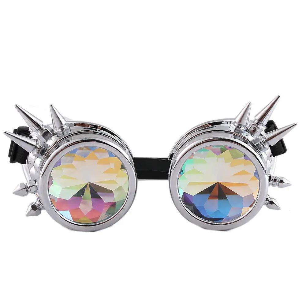 Steampunk goggles pair with chrome silver frames, faceted lenses, spike accents, black strap on Tampa Home & Garden Store