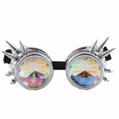 Steampunk goggles pair with chrome silver frames, faceted lenses, spike accents, black strap on Tampa Home & Garden Store