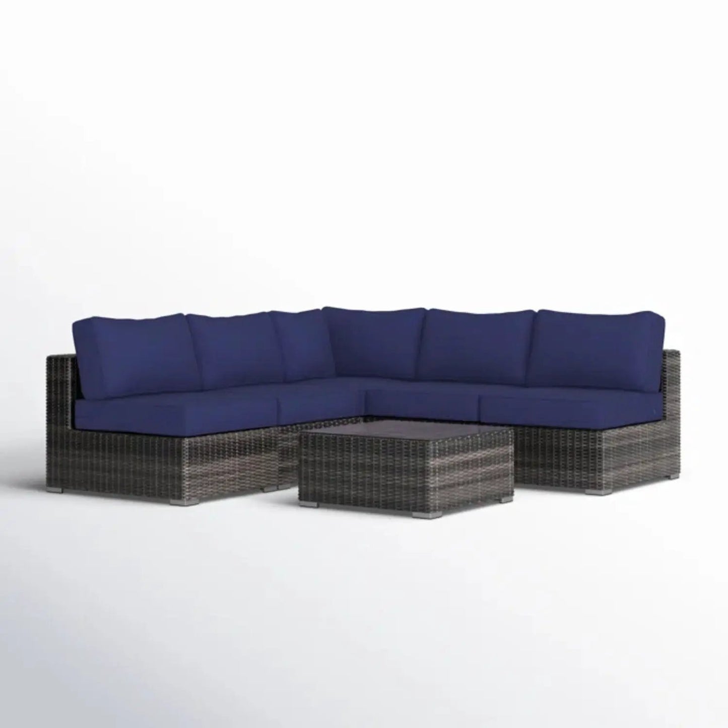Seating set with navy cushions, wicker design, 4-piece with sofa and coffee table on Tampa Home & Garden Store