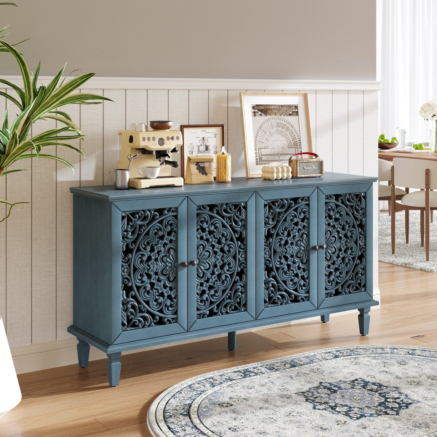 Antique blue buffet cabinet with floral carvings and adjustable shelves by HouseOfZazla on Tampa Home & Garden Store